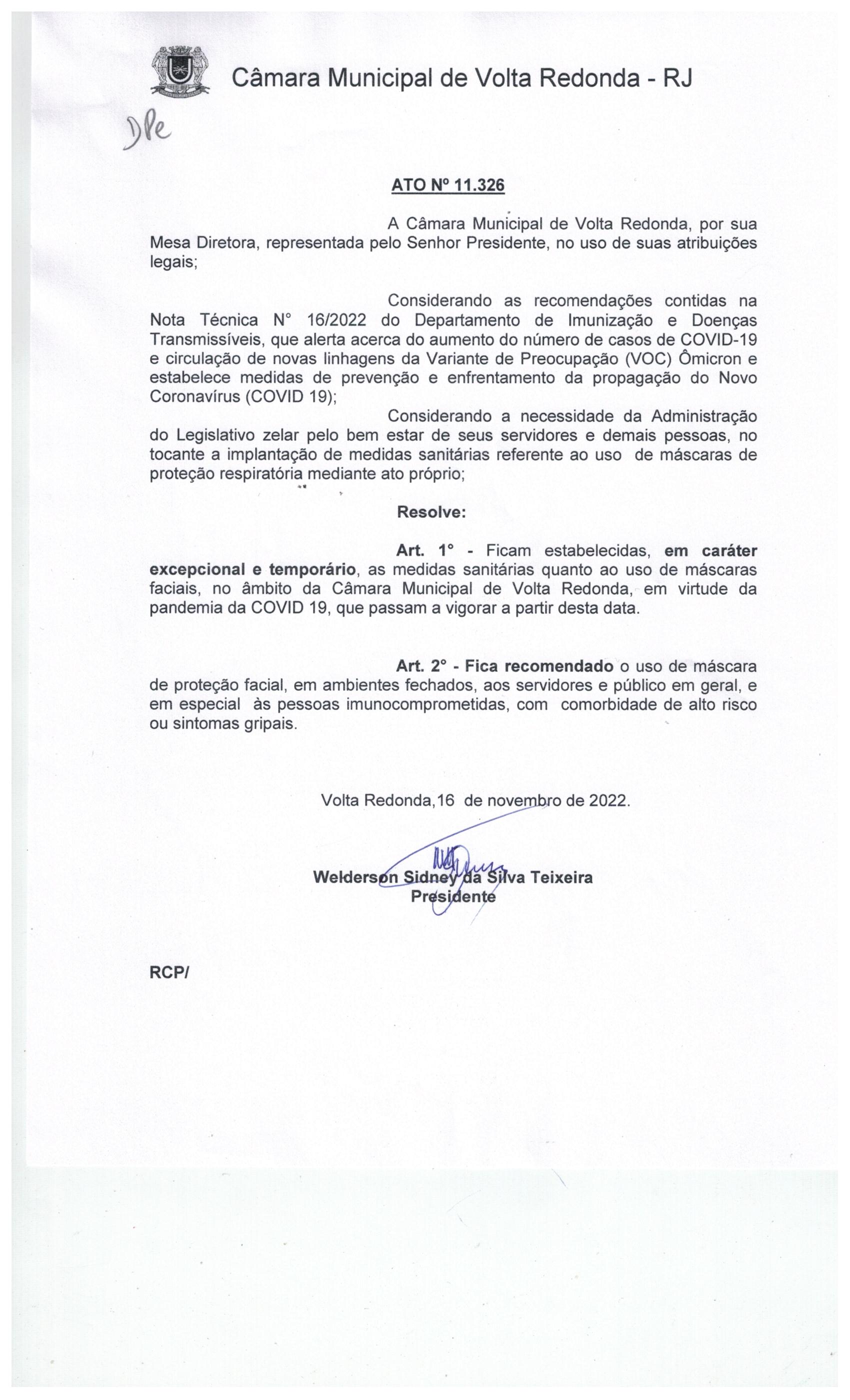 Ato nº 11.326-   Retorno de Uso de máscaras de proteção  faciais na Câmara Municipal de Volta Redonda