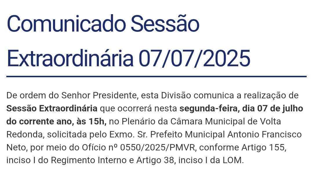 Comunicado Sessão Extraordinária 07/07/2025