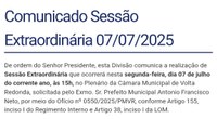Comunicado Sessão Extraordinária 07/07/2025