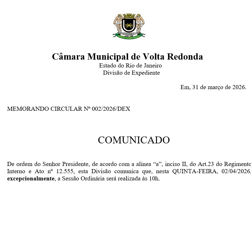 Comunicado - Sessão Ordinária - 02/04