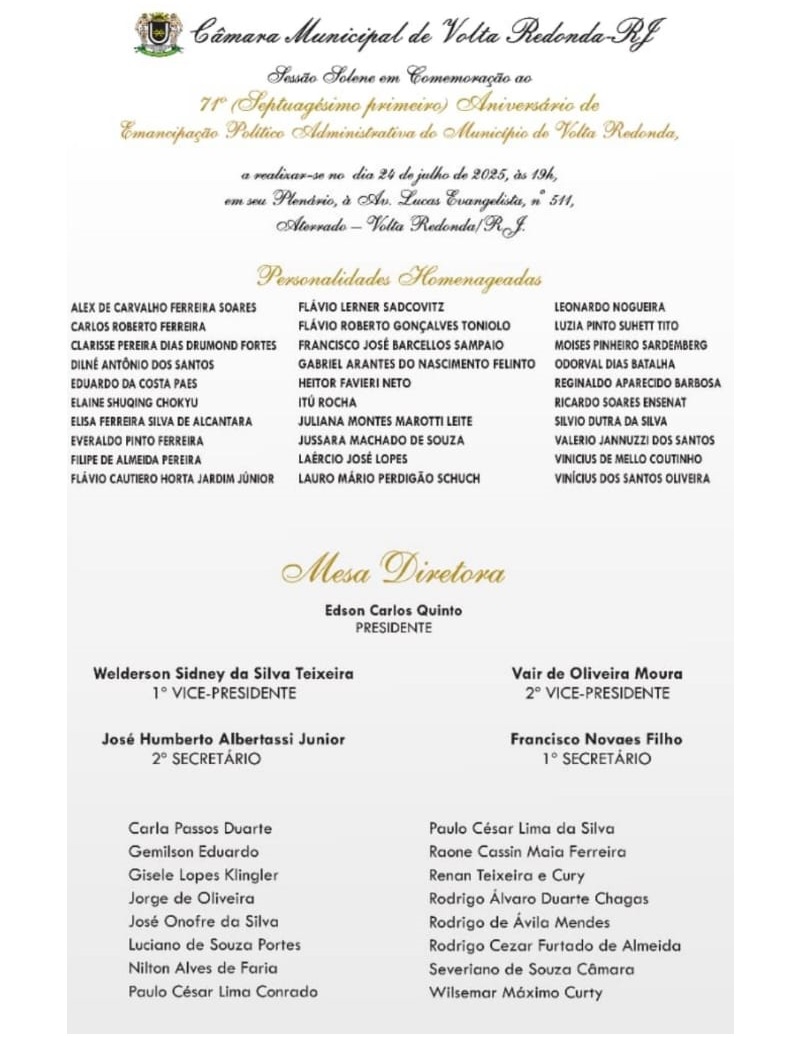 Convite - Sessão Solene - 71º Aniversário 