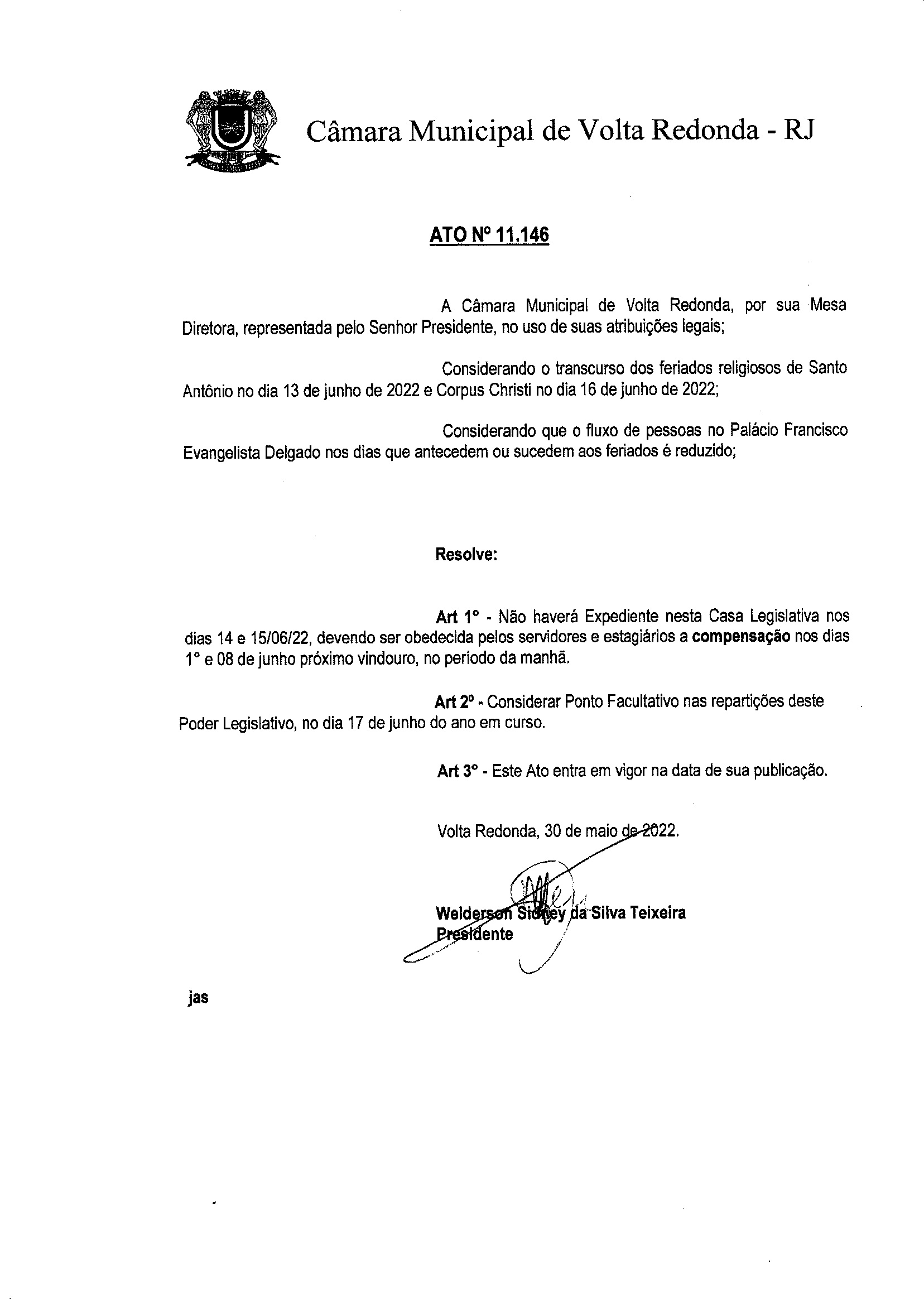 Ato Nº 11.146 - Funcionamento do Legislativo no dias 14 , 15 e 17/06/2022
