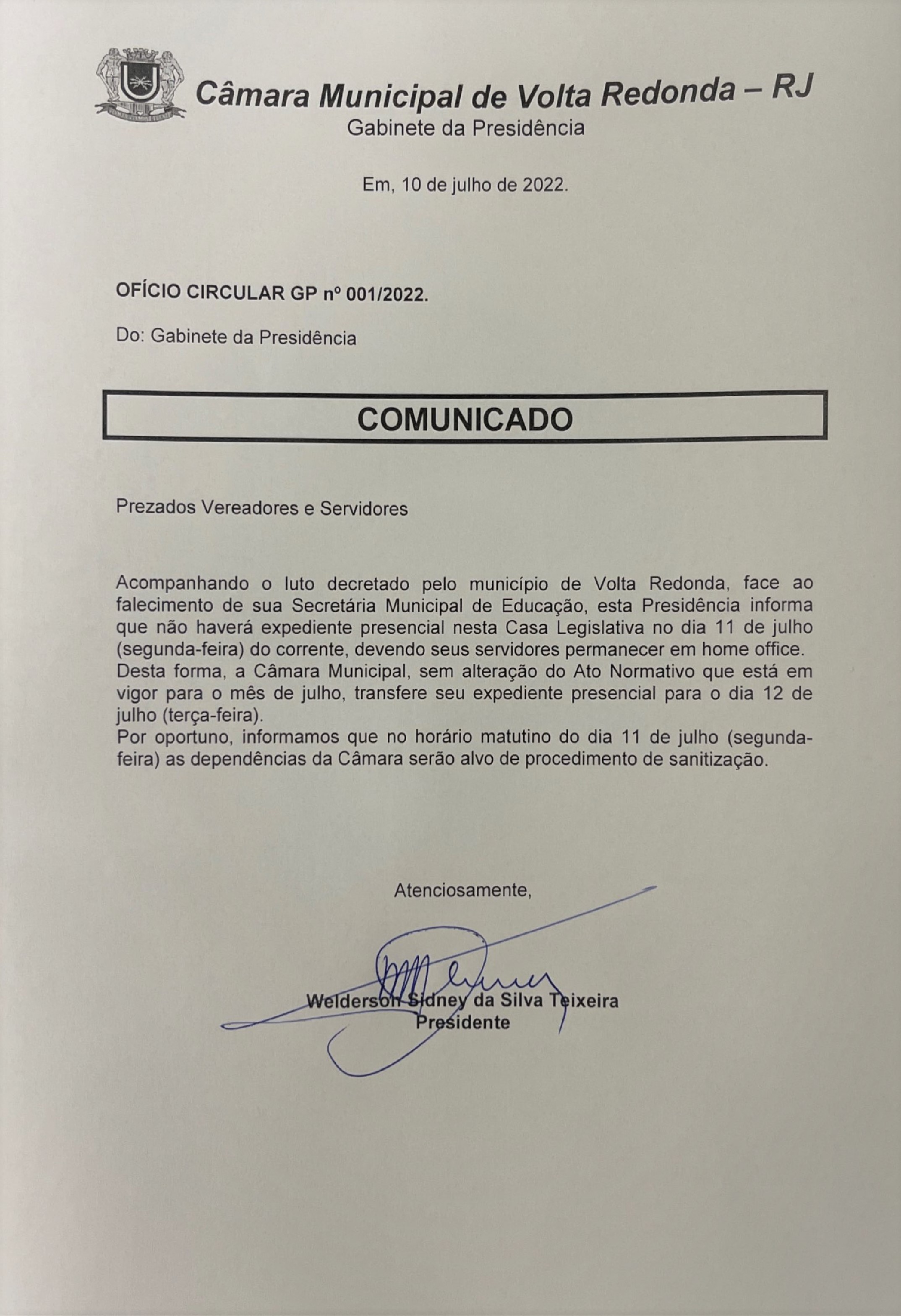 COMUNICADO EXCEPCIONAL, EM VIRTUDE DE LUTO DECRETADO NO MUNICÍPIO.