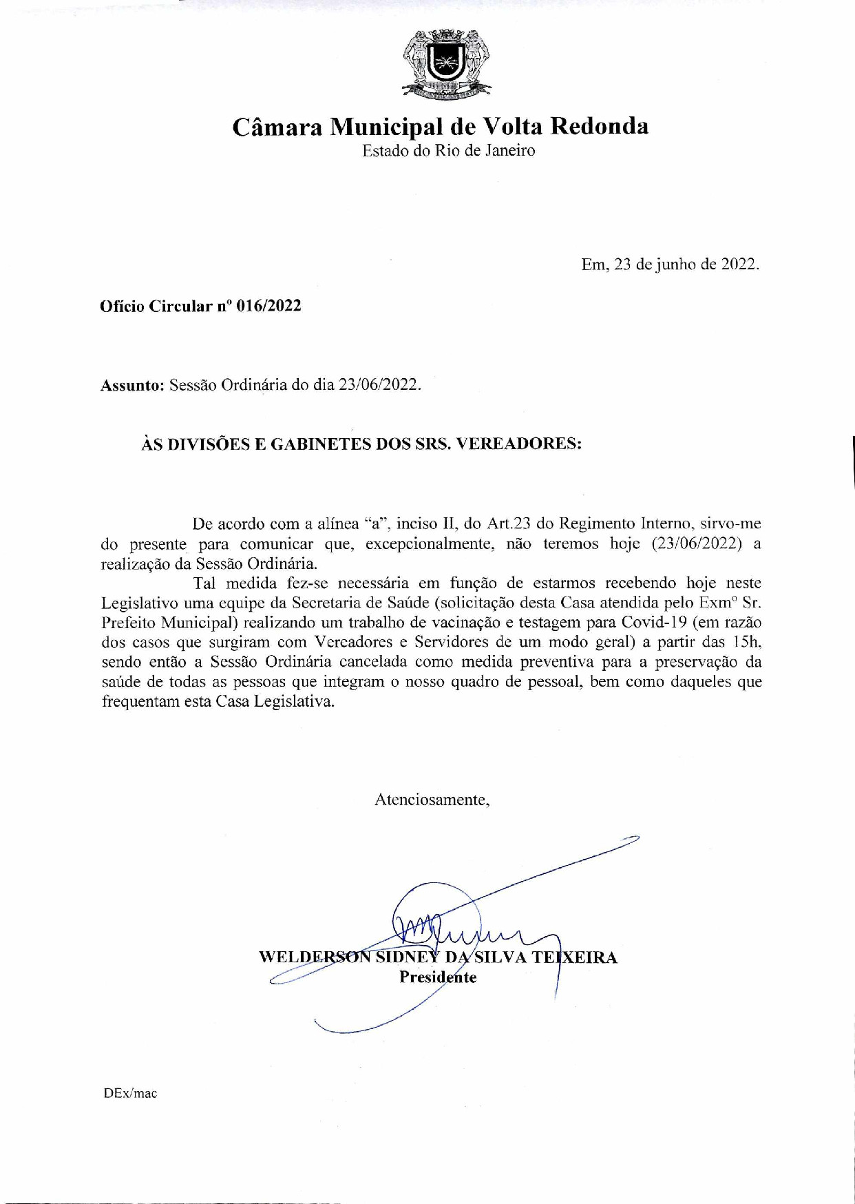 Comunicado - Excepcionalmente não haverá Sessão Ordinária