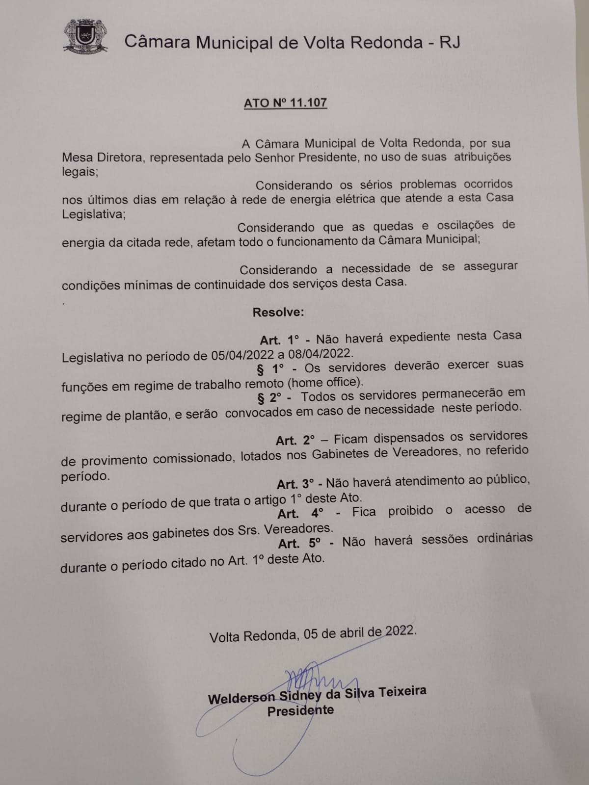 Comunicado sobre funcionamento da Câmara Municipal de Volta Redonda