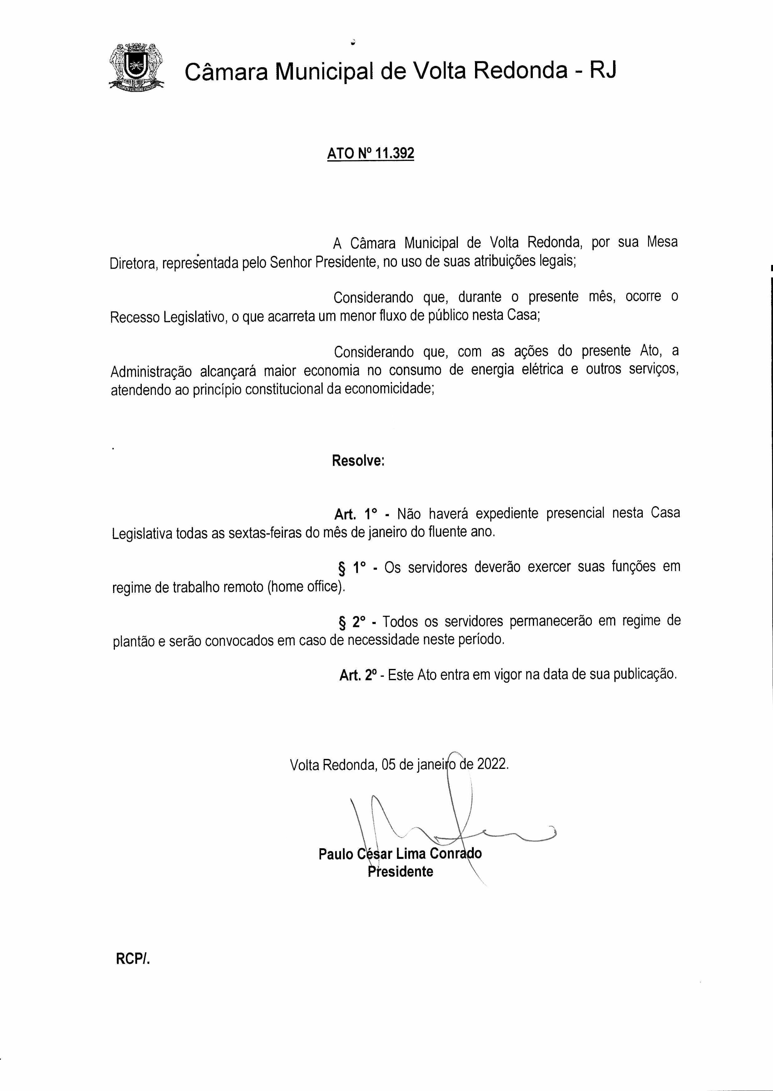 ATO N° 11.392 - Dispõe sobre funcionamento deste Legislativo
