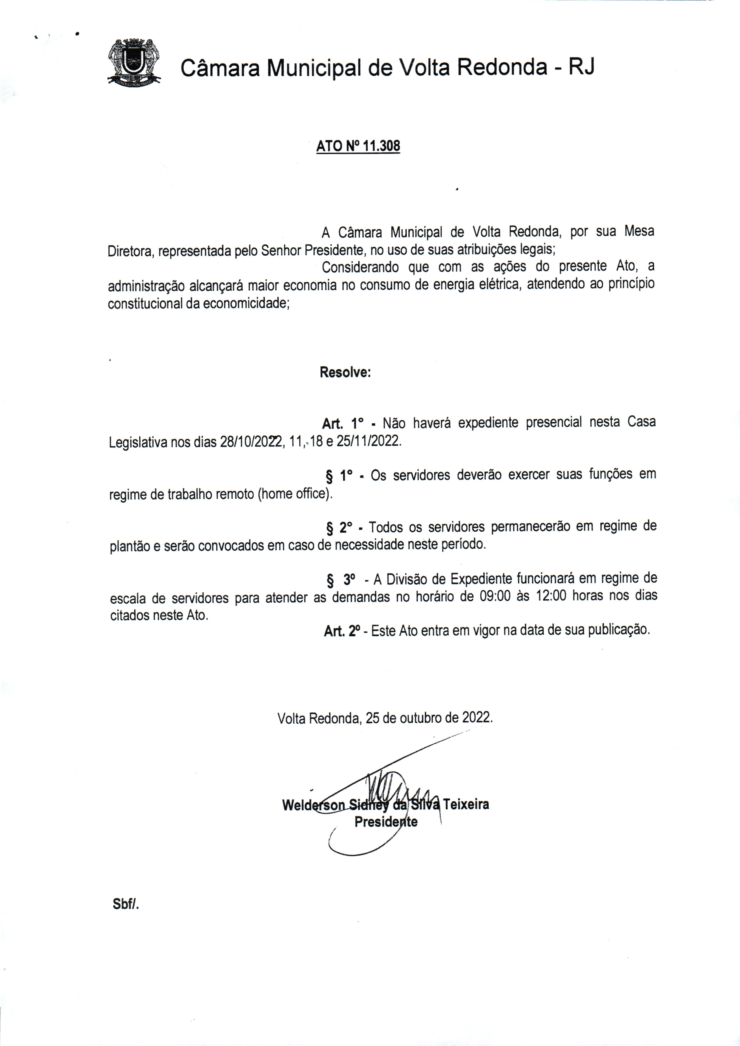ATO N°11.308 - Dispõe sobre funcionamento deste Legislativo