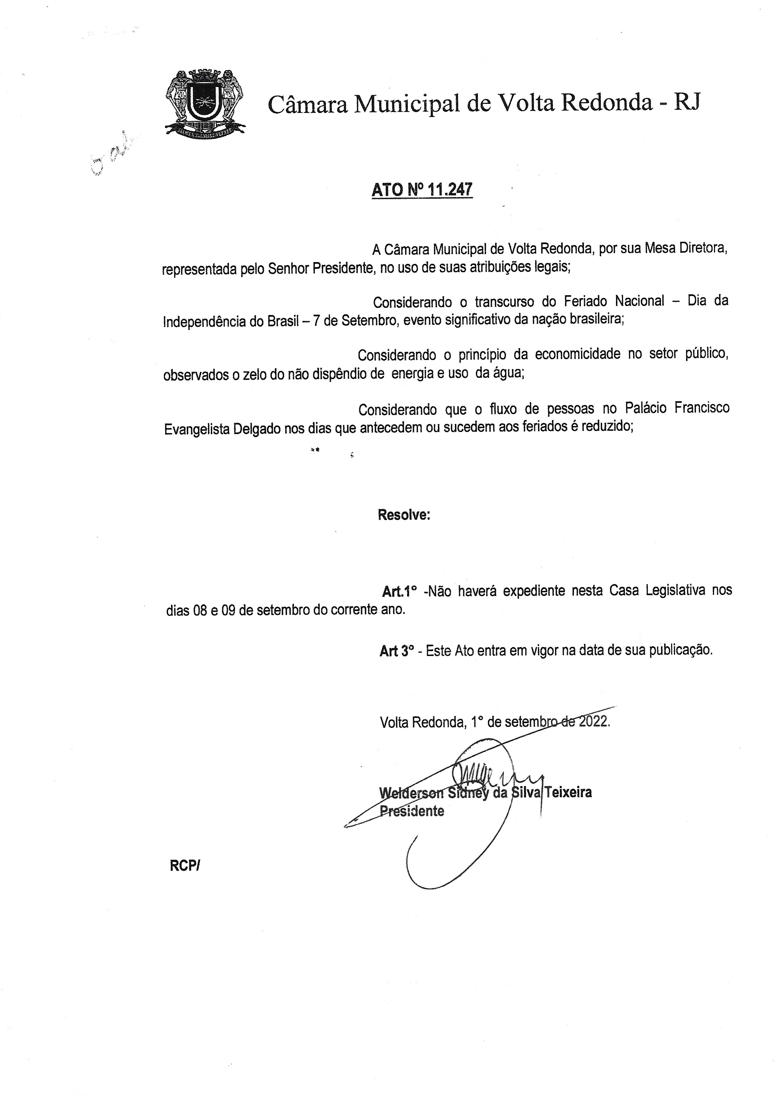 Ato Nº 11.247 - Estabelece horário de funcionamento do Legislativo