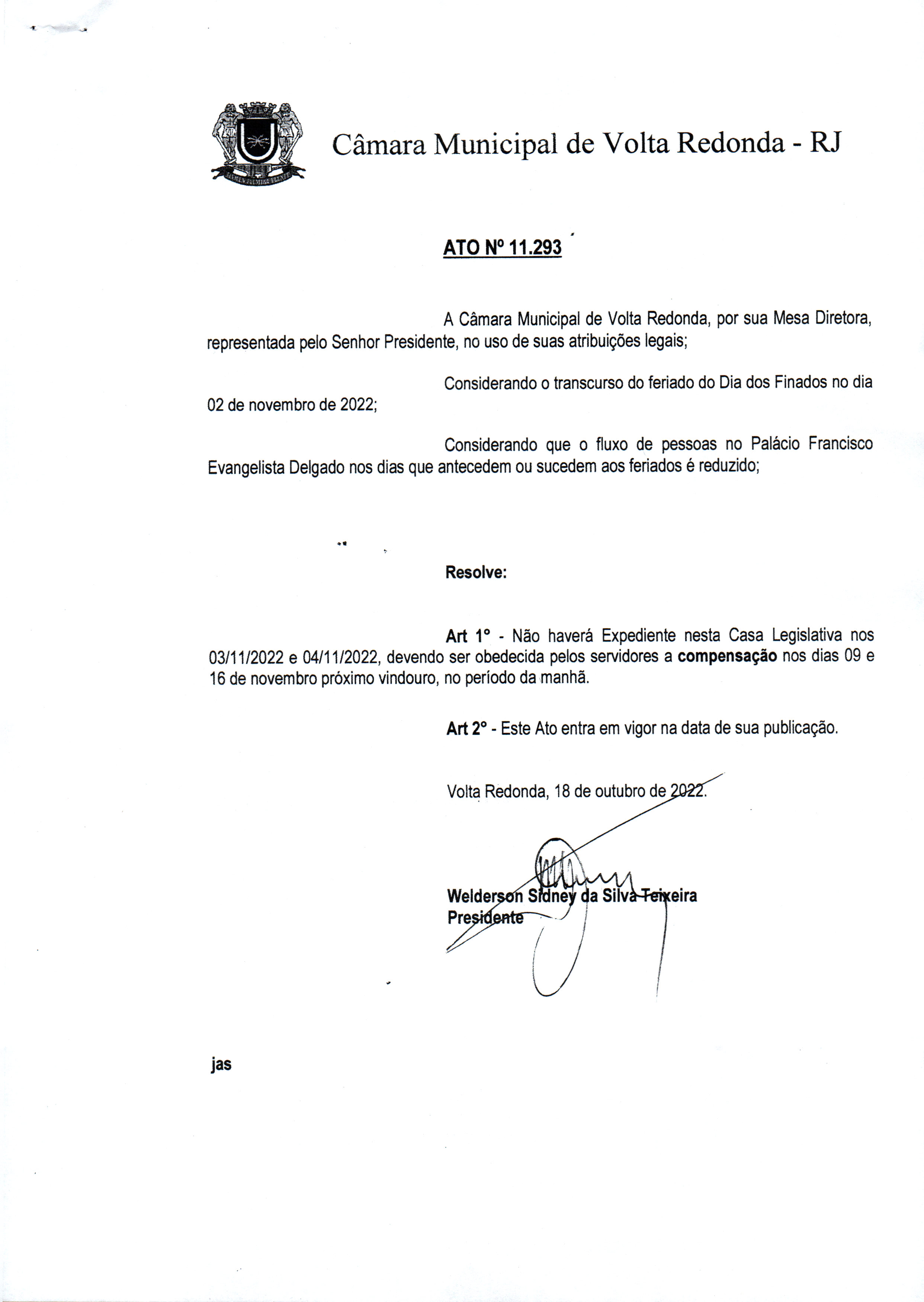 Ato Nº 11.293 - Dispõe sobre expediente deste Legislativo.