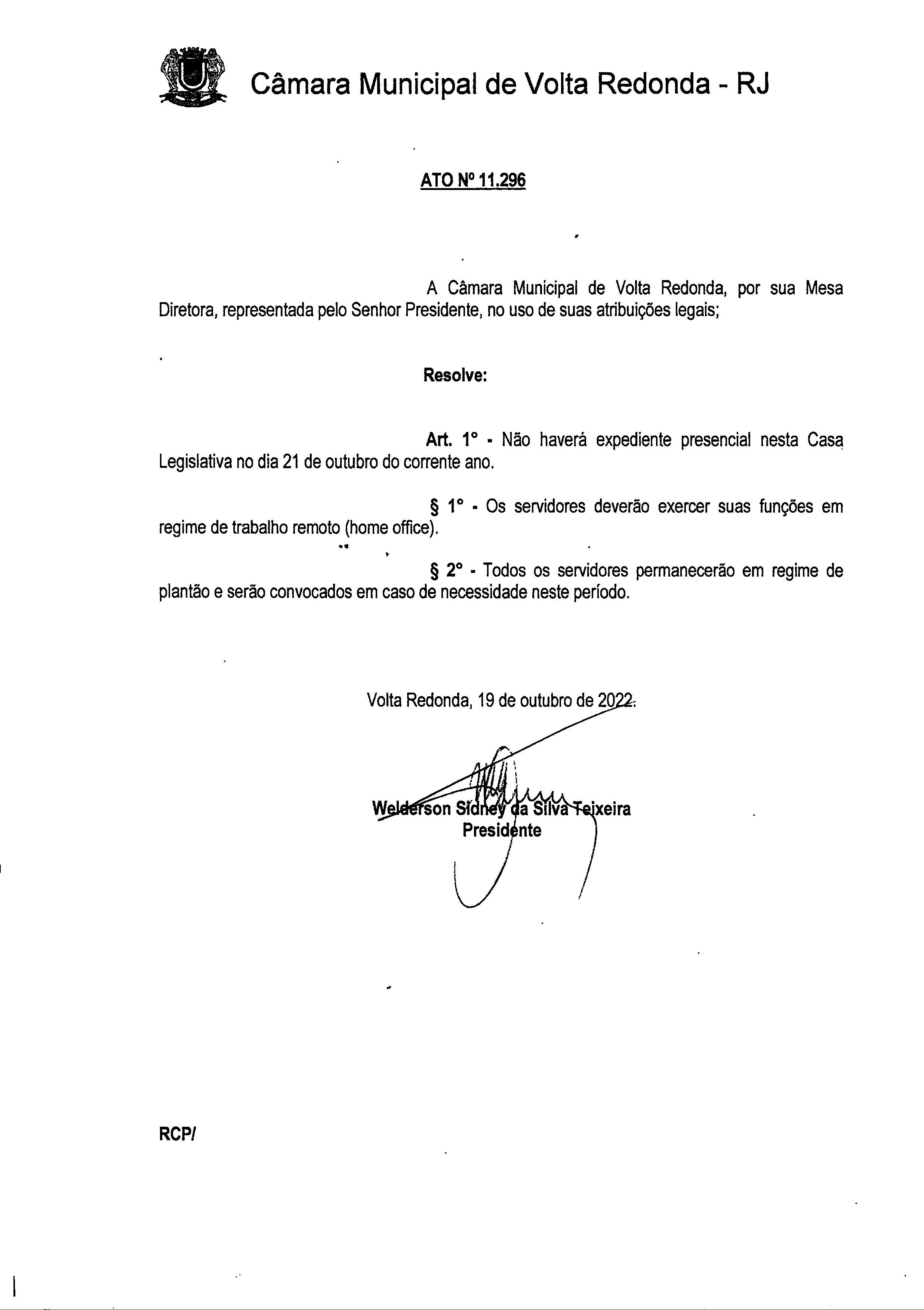 Ato Nº 11.296 - Informa sobre expediente neste Legislativo - 21/10/2022