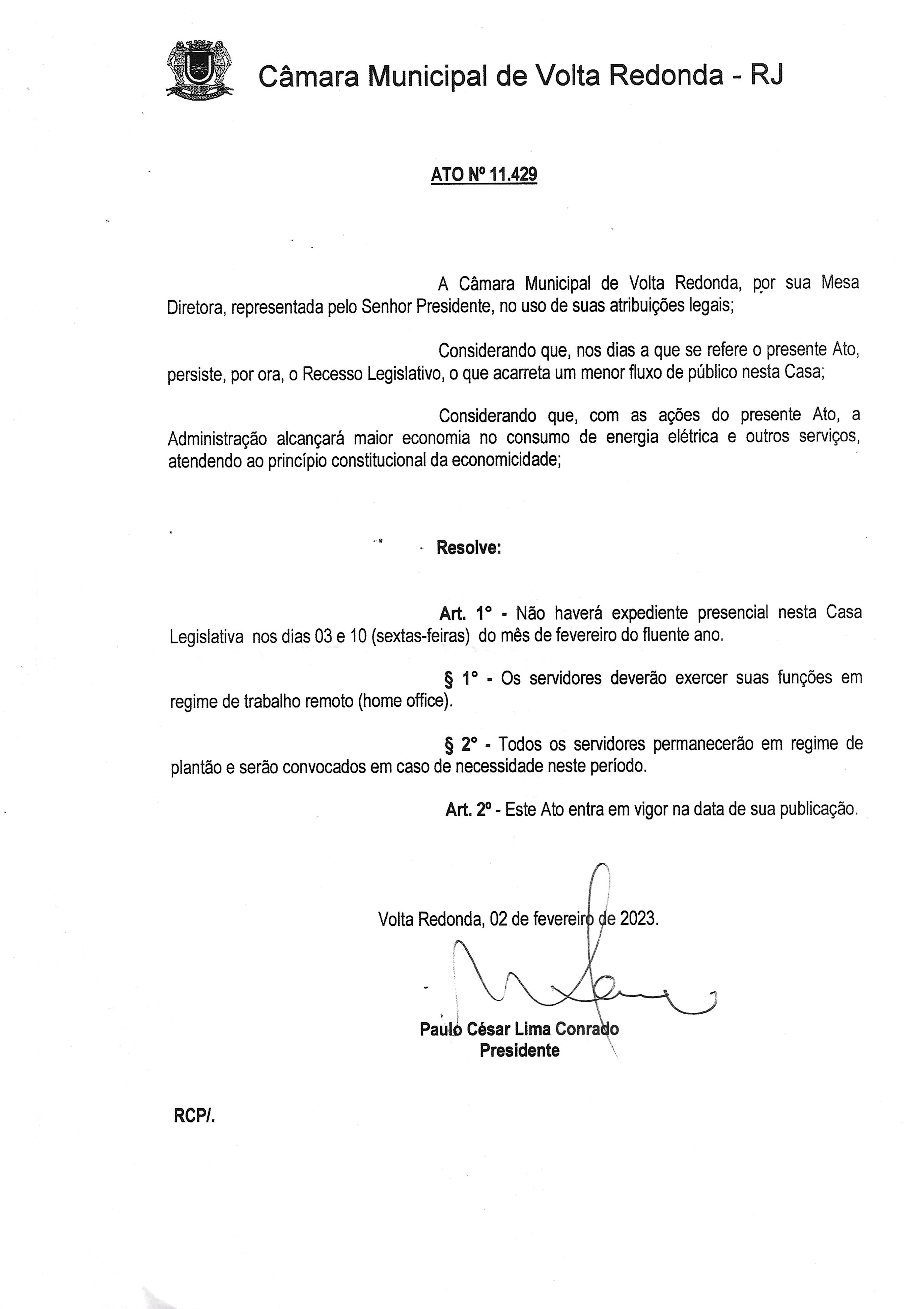 Ato Nº 11.429 - Dispõe sobre o funcionamento do Legislativo