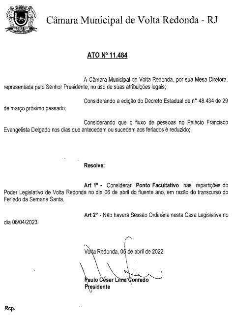 Ato Nº 11.484 - Considera ponto facultativo no dia 06/04/2023, quinta-feira.