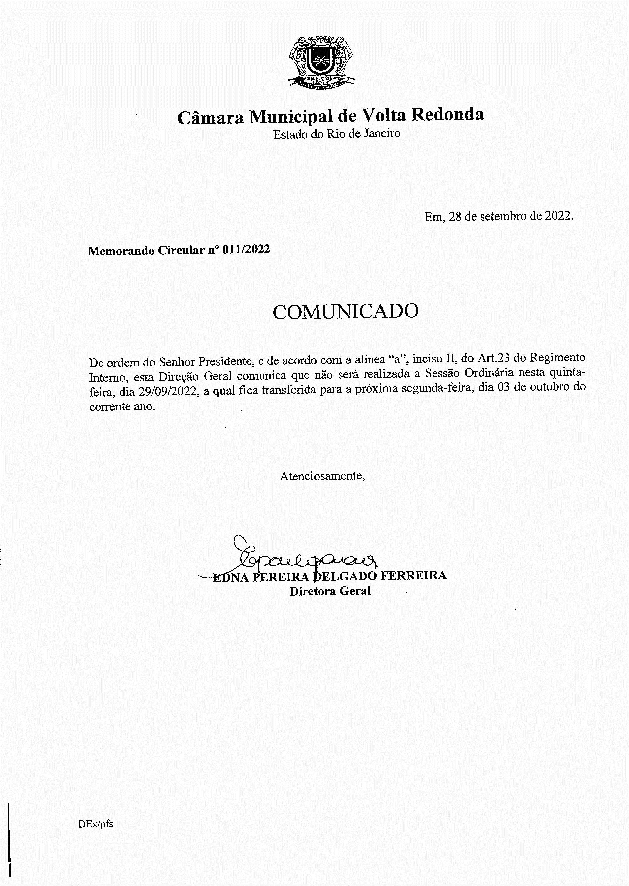 Comunicado - Altera data da Sessão Ordinária do dia 29/09/2022.