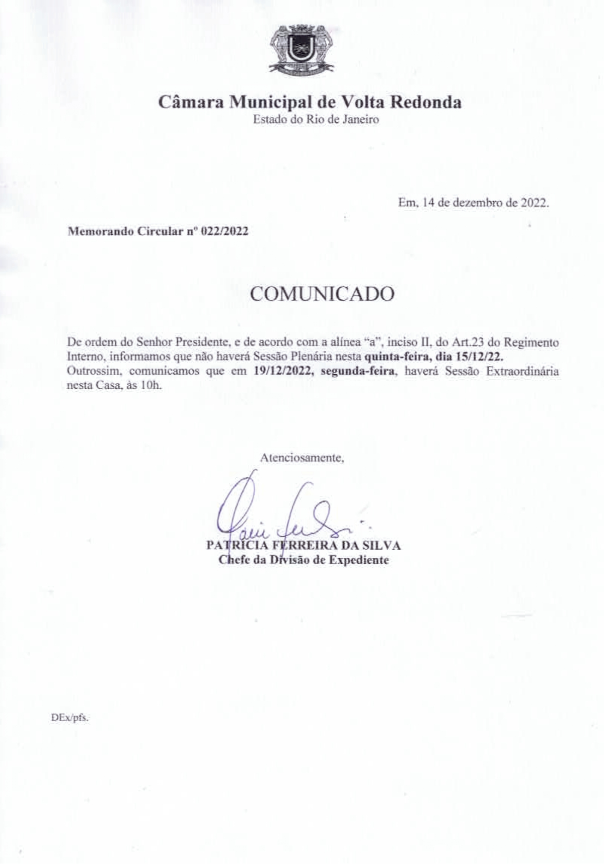 Comunicado - Horário Sessão Extraordinária de 19/12/2022