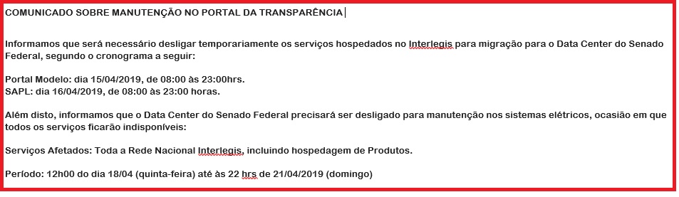 COMUNICADO - MANUTENÇÃO NO PORTAL DA TRANSPARÊNCIA  e SAPL