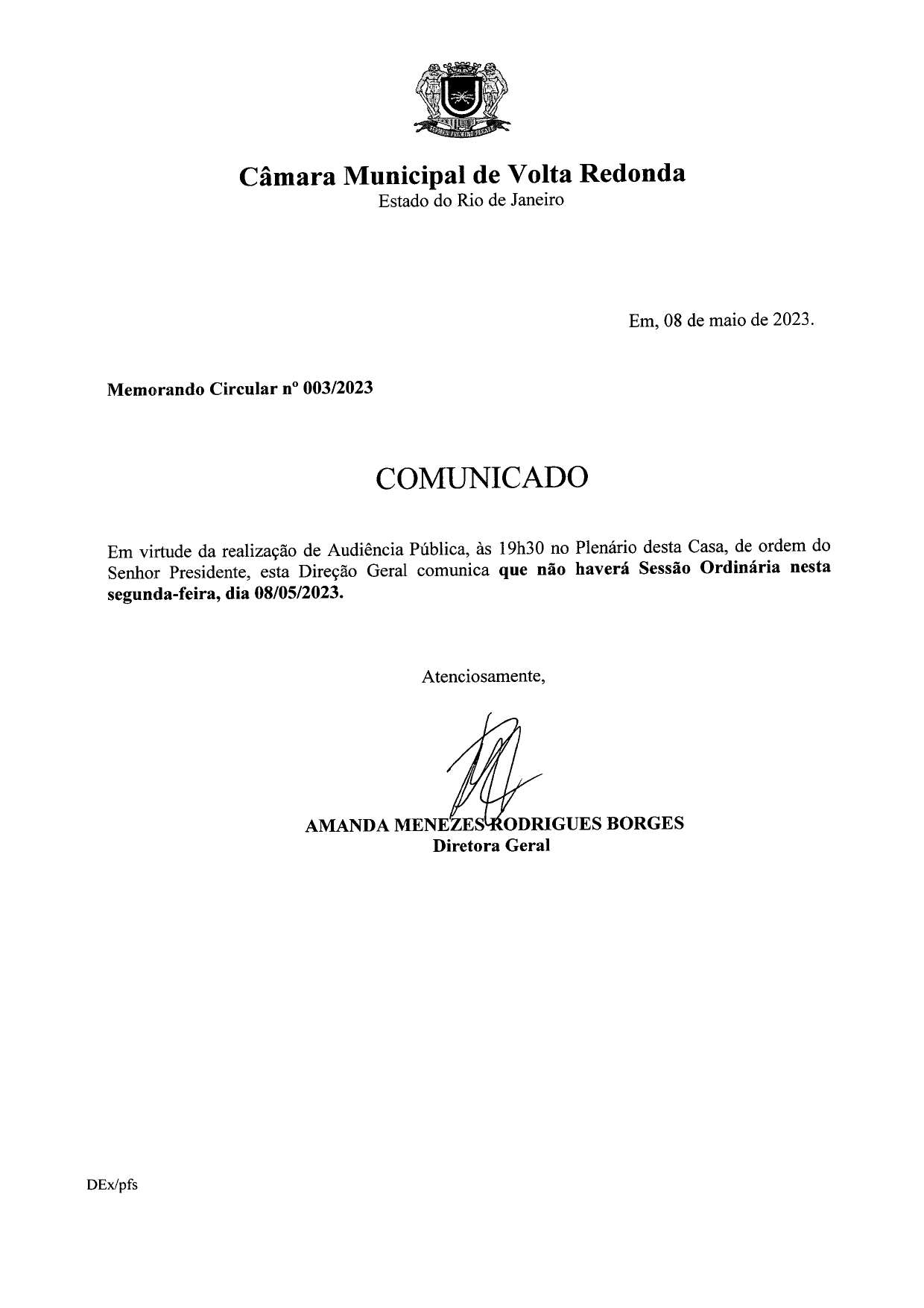Comunicado sobre Sessão Ordinária.