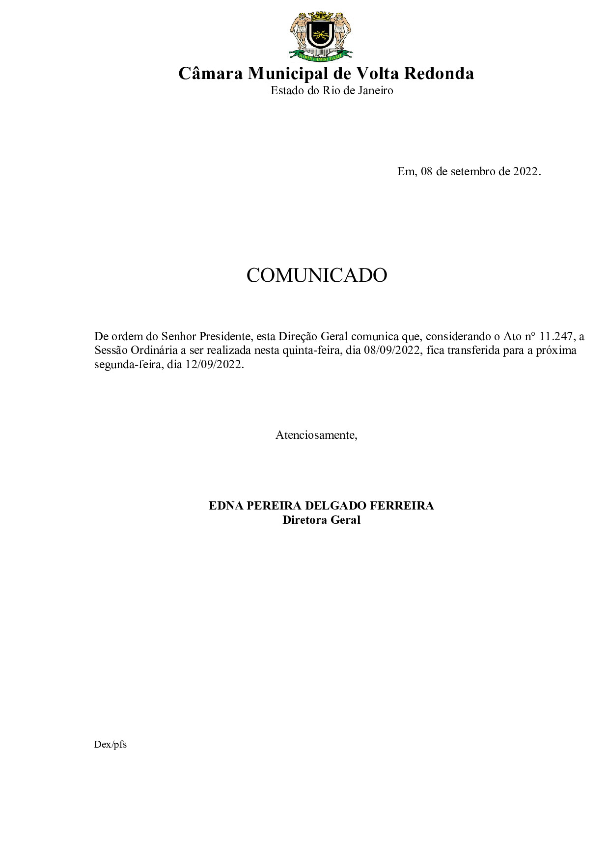 COMUNICADO - Transfere Sessão Ordinária