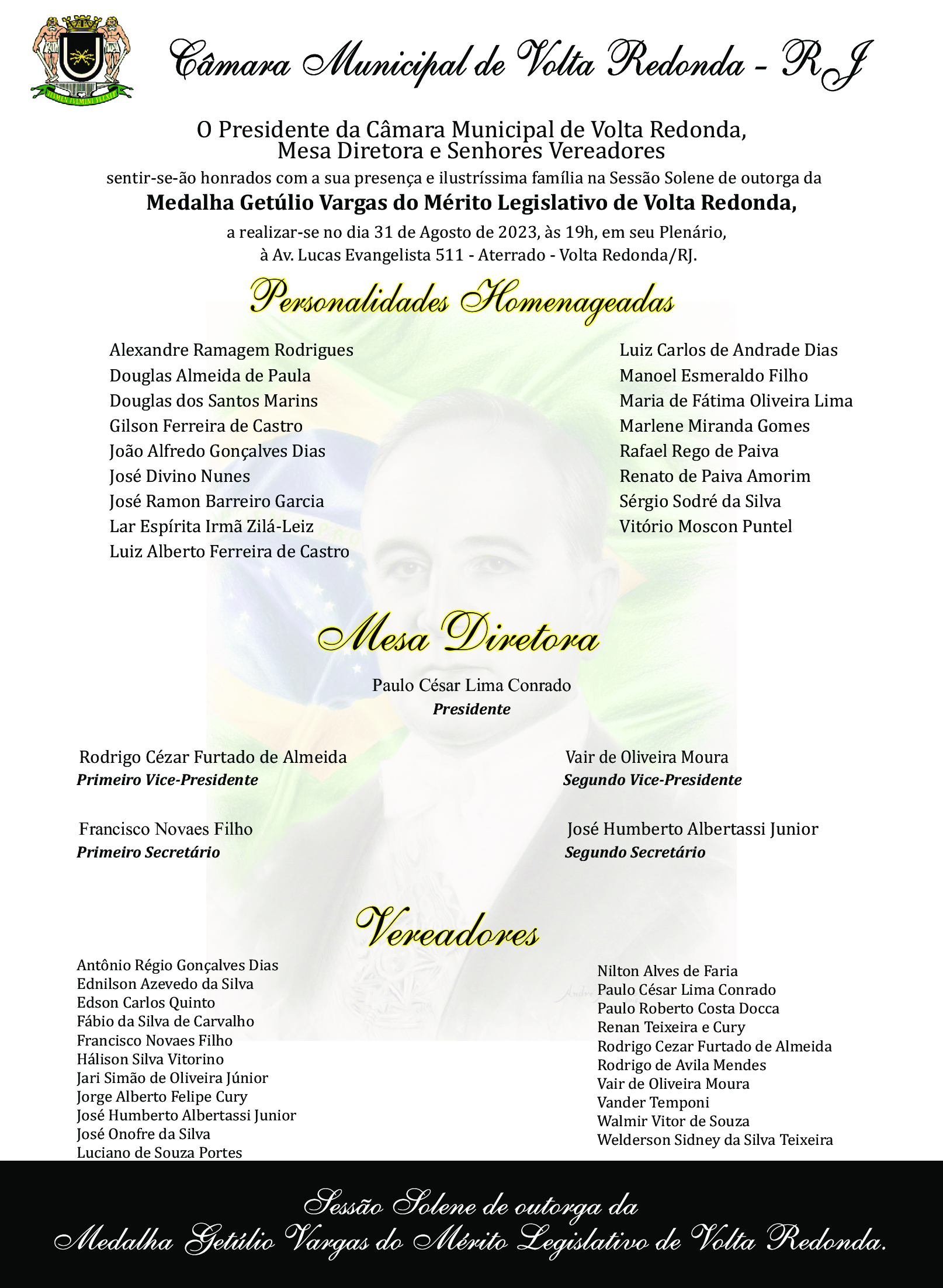Convite - Sessão Solene - Medalha Getúlio Vargas - Homenageados