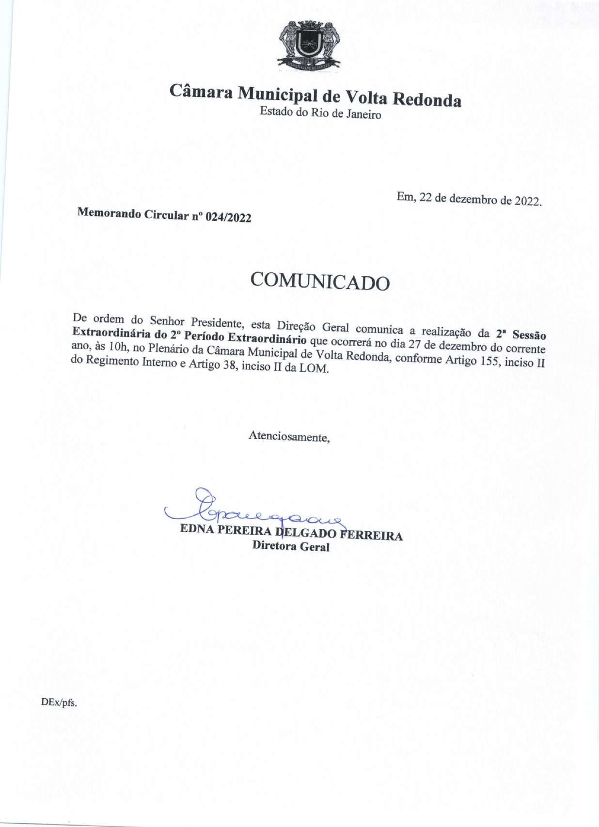 Comunicado - Sessão Extraordinária