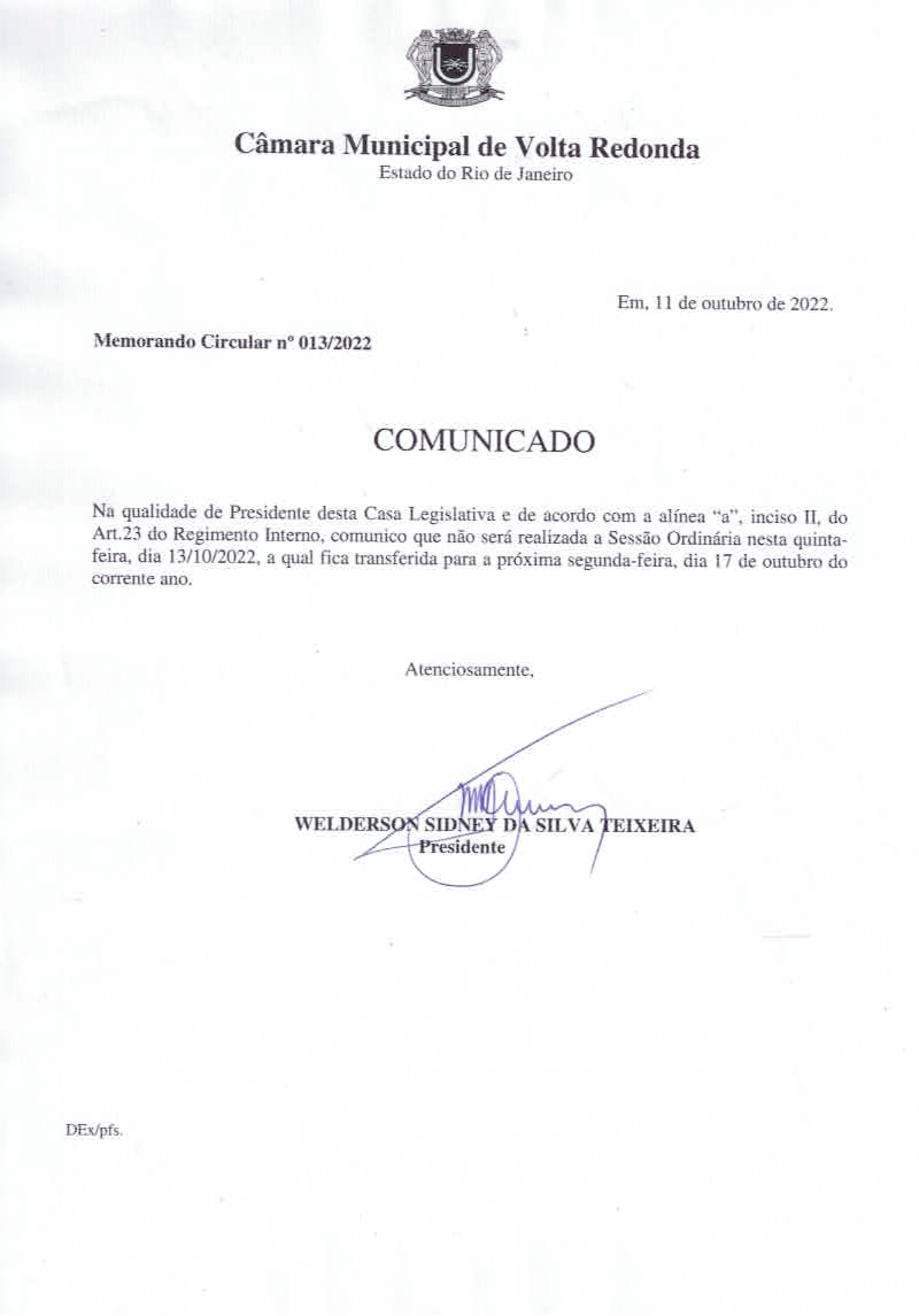 Transfere Sessão Ordinária - Memo Circular nº 013/2022.